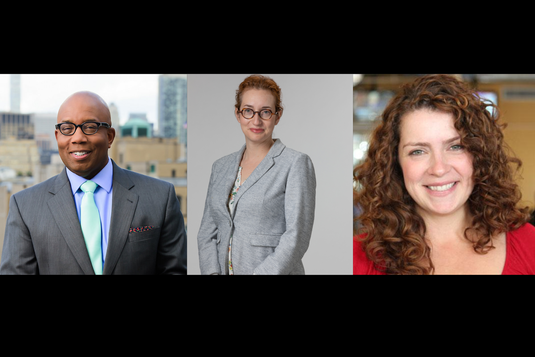 Left to right: Headshot of Errol Louis, Headshot of Dana Rubinstein, Headshot of Brigid Bergin